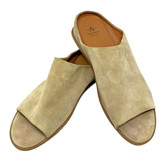 Aquatalia Anne Tan Suede Low Wedge Open Toe‎ Mules - Picture 9 of 12
